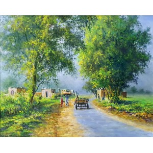 Hanif Shahzad, Village Road, 21 x 28 Inch, Oil on Canvas, Cityscape Painting, AC-HNS-063